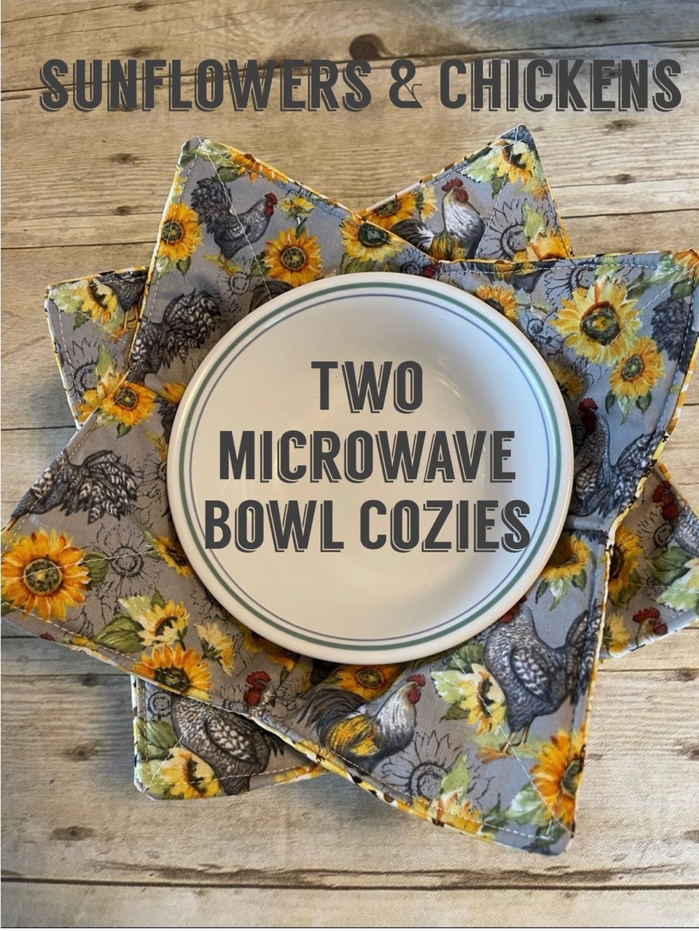 2 Micro/Ice Cream Bowl Cozies Chickens Sunflowers Set of 2